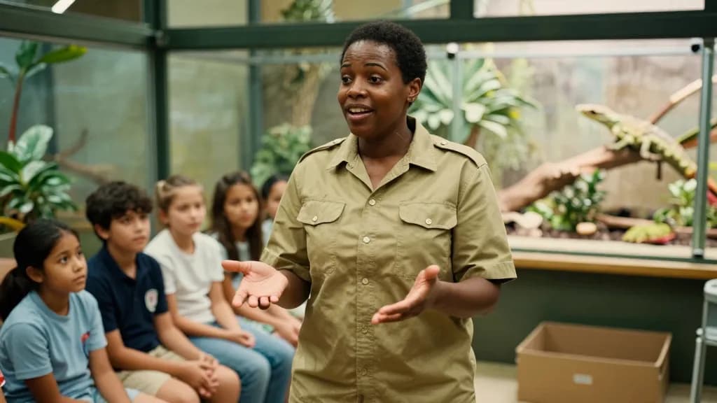 A Black woman in her thirties with short natural hair is talking to a small group of visiting schoolchildren seated on a bench in the reptile house, an empty…
