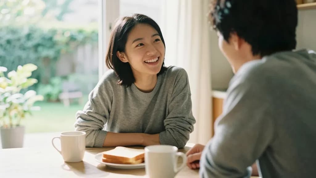 An East Asian woman in her late twenties with a dark bob is sitting at a kitchen table opposite her fiancé on a Sunday morning, two mugs and a plate of toast…