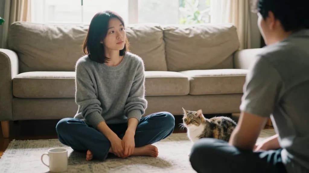 An East Asian woman in her late twenties with a dark bob is sitting cross-legged on a living room rug with her fiancé opposite her, mugs on the floor and a c…