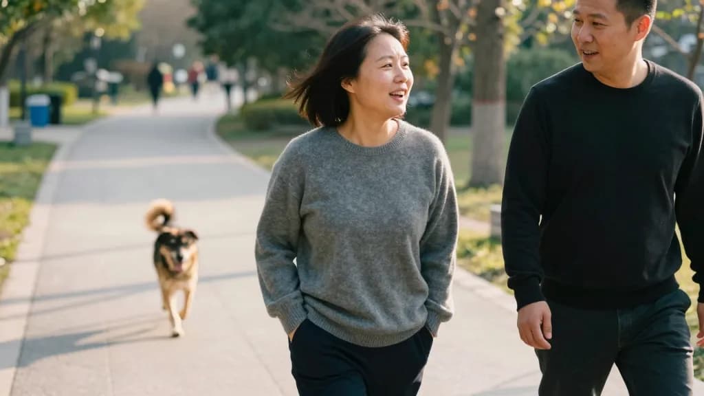 An East Asian woman in her late twenties with a dark bob is walking beside her fiancé along a park path in the late afternoon, long shadows and a dog running…