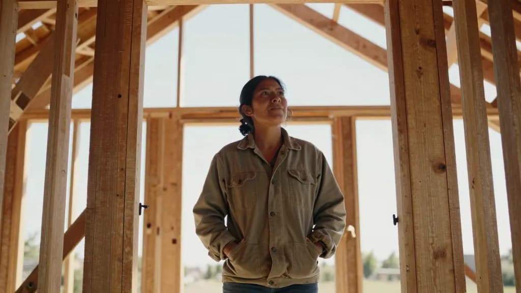 A Latina woman in her mid thirties with dark hair tied back is standing in the doorway of a half-built timber-framed house, the frame up but the walls not ye…