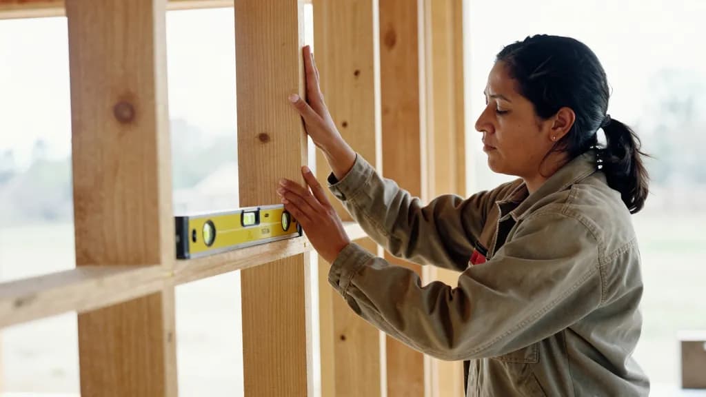 A Latina woman in her mid thirties with dark hair tied back is standing beside a run of exposed timber studwork with one hand flat against an upright, a spir…