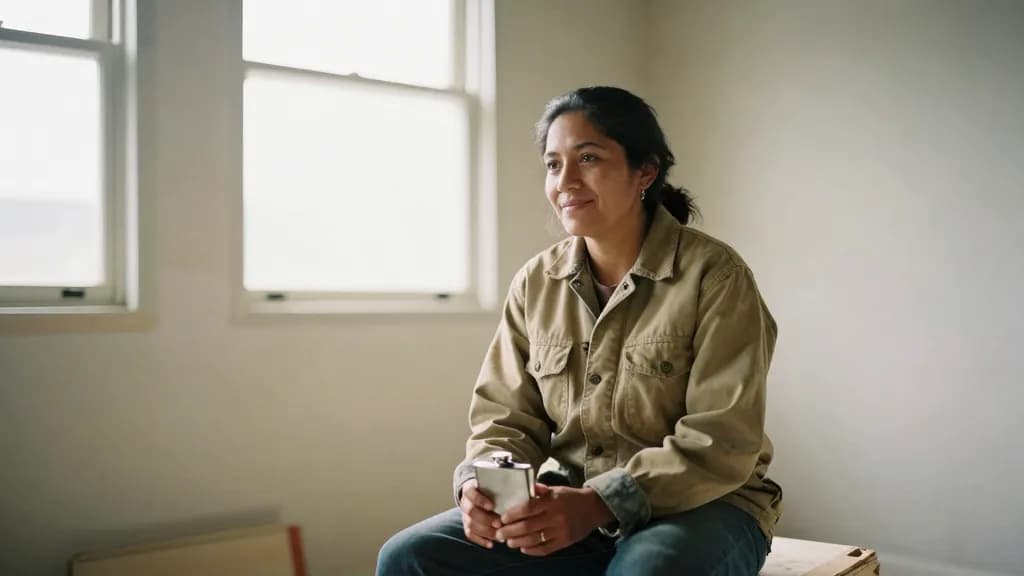 A Latina woman in her mid thirties with dark hair tied back is sitting on an upturned crate inside the finished shell of the same room with a flask cup in bo…