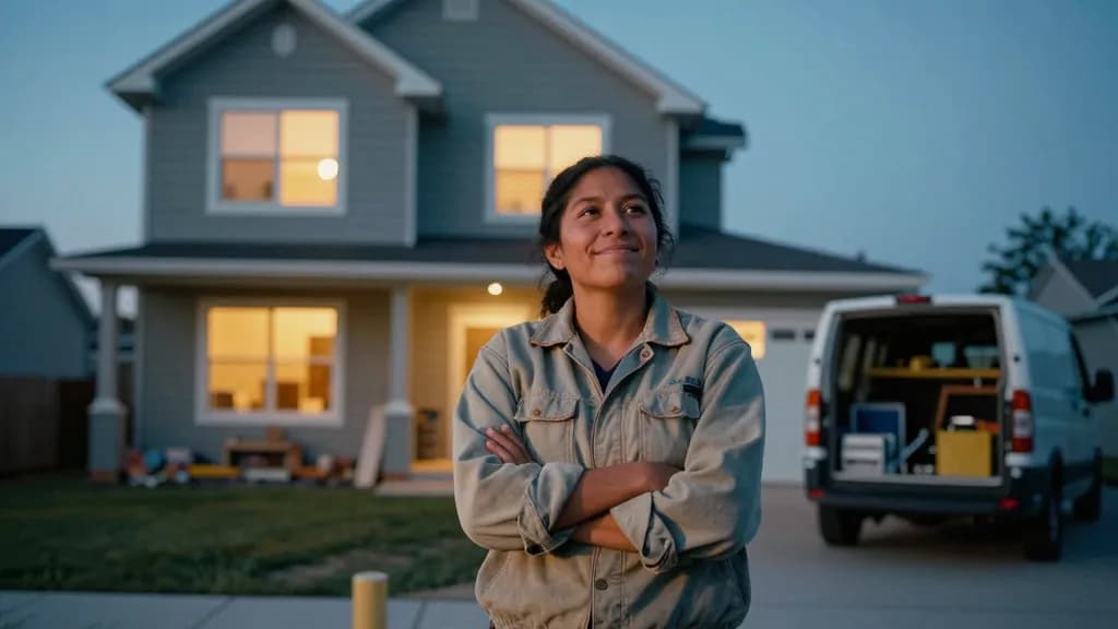 A Latina woman in her mid thirties with dark hair tied back is standing outside the completed house at dusk with the windows lit from within, a van parked on…