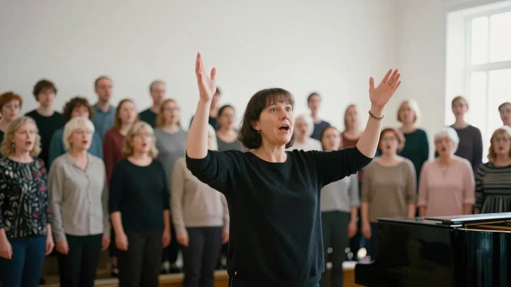 A white woman in her forties with dark hair cut short is standing in front of a community choir mid rehearsal in a church hall, forty singers in rows facing…