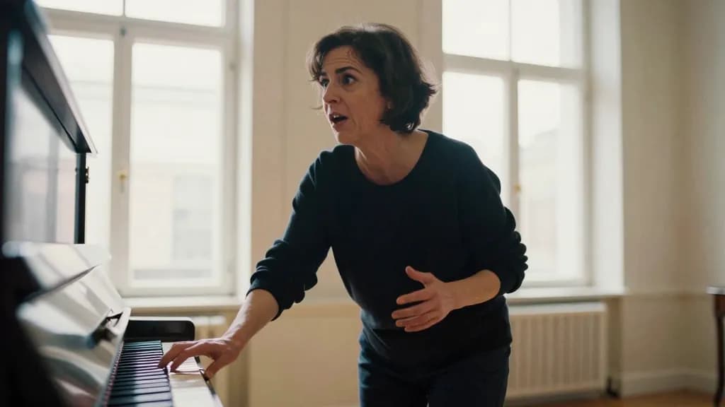 A white woman in her forties with dark hair cut short is leaning over an upright piano in the hall working through a single phrase with two singers standing…