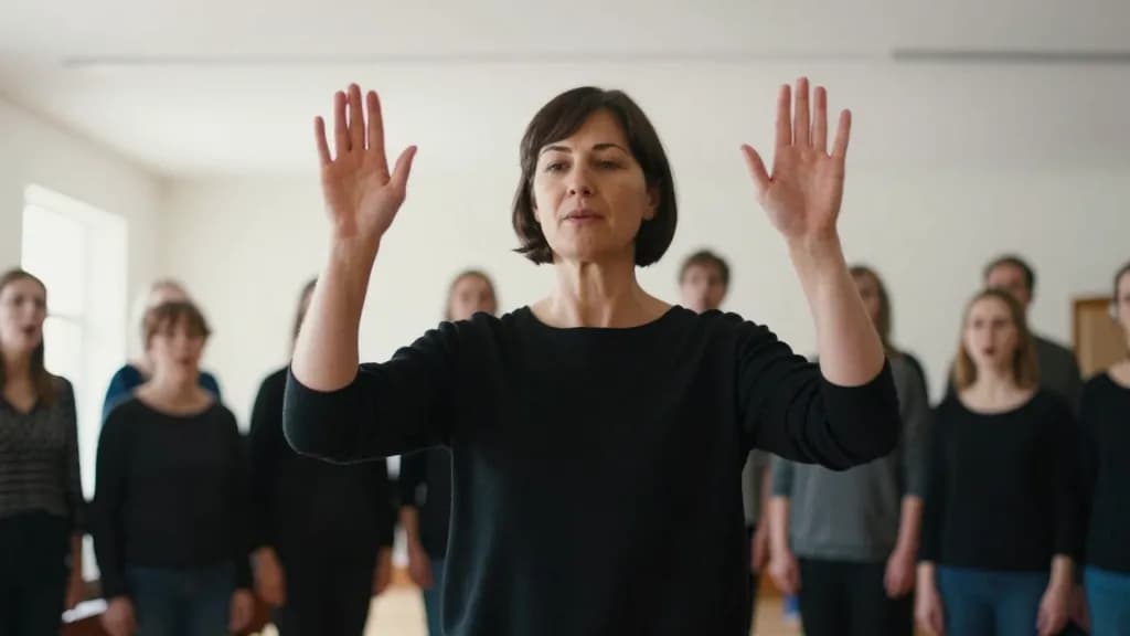 A white woman in her forties with dark hair cut short is holding a pause with both hands raised and completely still, the choir silent in front of her and th…