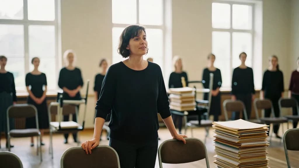 A white woman in her forties with dark hair cut short is standing at the front of the hall after rehearsal as the choir packs up behind her, chairs going bac…