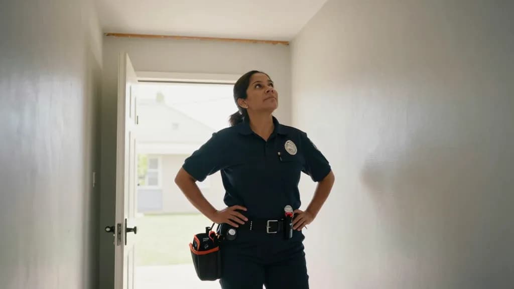 A Latina woman in her forties with dark hair tied back is standing in the hallway of an ordinary house carrying out a home safety inspection, a torch clipped…