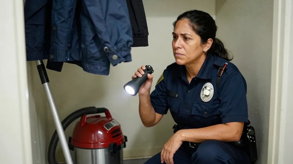 A Latina woman in her forties with dark hair tied back is crouched at a consumer unit in an under-stairs cupboard with the torch in one hand, coats hanging a…