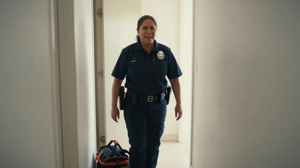 A Latina woman in her forties with dark hair tied back is standing back in the hallway having found the thing that resolves it, the cupboard door open behind…
