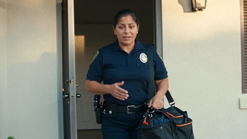 A Latina woman in her forties with dark hair tied back is standing on the doorstep talking to the homeowner as she leaves, the toolbag over her shoulder and…