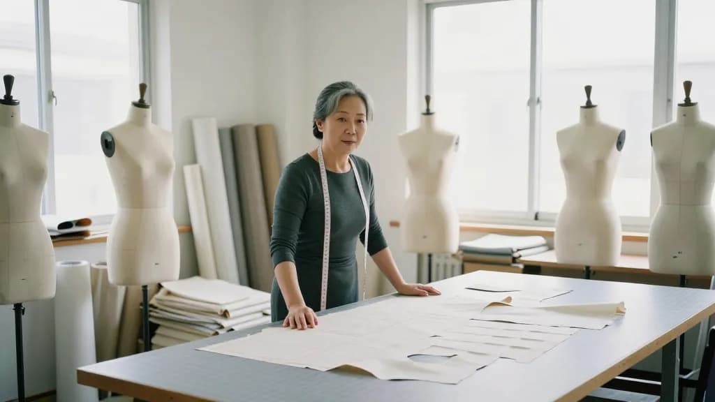 An East Asian woman in her fifties with grey-streaked hair pinned up is standing in a small dressmaking studio surrounded by mannequins in various stages of…