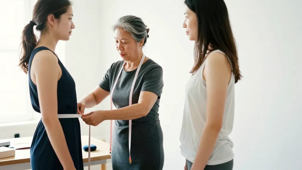 An East Asian woman in her fifties with grey-streaked hair pinned up is taking measurements from a young woman standing on a low platform, the tape held leve…