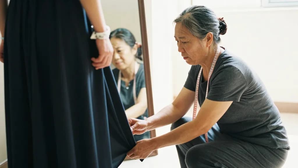 An East Asian woman in her fifties with grey-streaked hair pinned up is kneeling at the hem of a long dress being worn by the same young woman, pins held in…