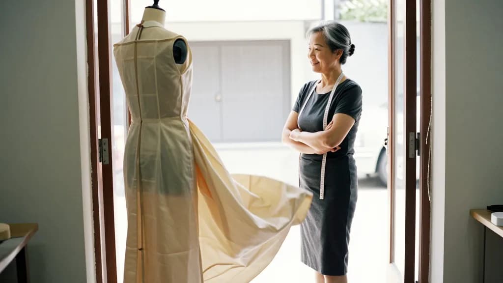An East Asian woman in her fifties with grey-streaked hair pinned up is standing back in the studio doorway watching the finished dress being carried out in…
