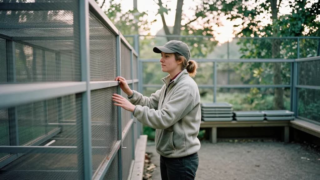 A white woman in her thirties with hair tied back under a cap is standing beside a row of soft mesh aviaries at a wildlife rescue centre in the early morning…