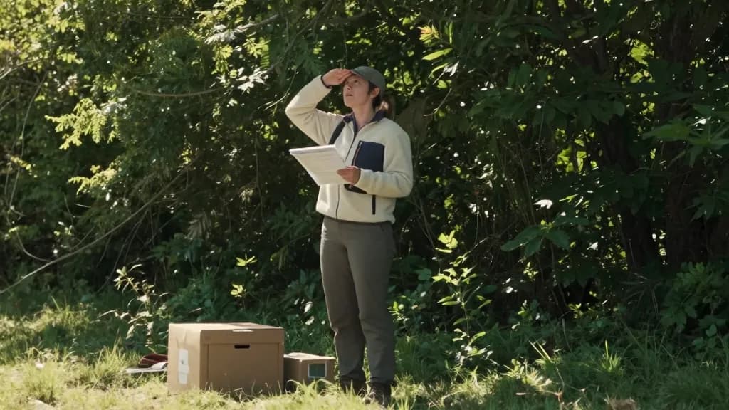 A white woman in her thirties with hair tied back under a cap is standing at the edge of the clearing looking up at the sky through the canopy, a carry box s…