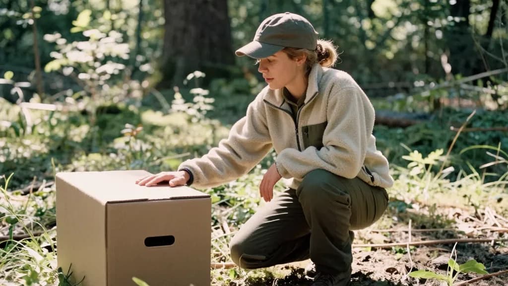 A white woman in her thirties with hair tied back under a cap is crouched in the clearing with the carry box in front of her and her hand resting on its clos…