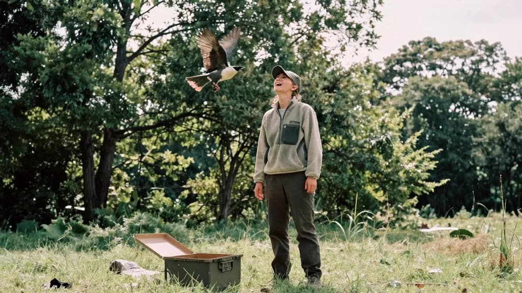 A white woman in her thirties with hair tied back under a cap is standing upright watching a bird lift away over the trees, the open carry box on the grass a…
