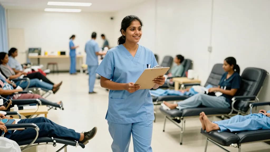 A South Asian woman in her thirties with hair tied back is standing in a community blood donation hall between rows of reclining chairs, refreshment tables a…