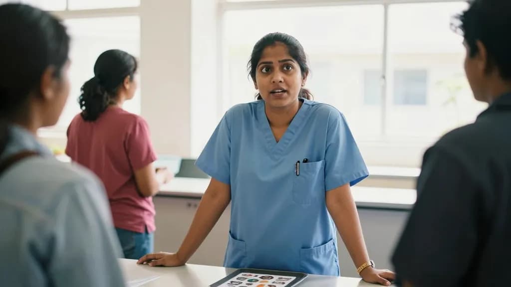A South Asian woman in her thirties with hair tied back is standing at a check-in table talking a donor through the form process, a queue of two people behin…