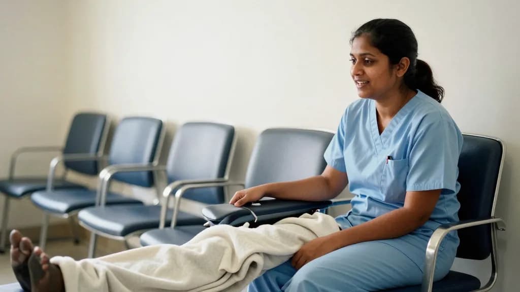 A South Asian woman in her thirties with hair tied back is sitting beside a reclining donor mid session, a stand beside the chair and a folded blanket over t…