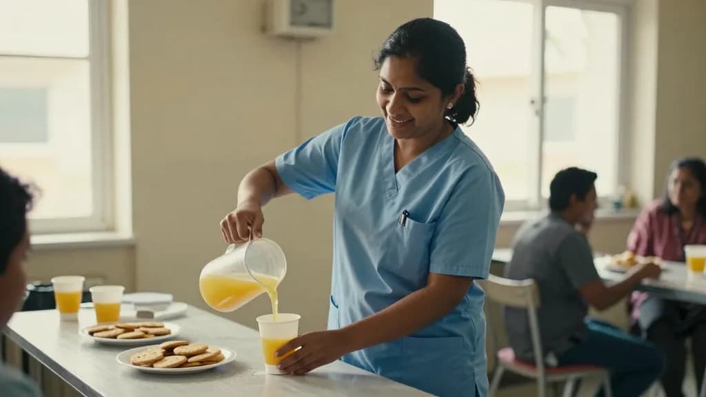 A South Asian woman in her thirties with hair tied back is standing at the refreshment table at the end of the session pouring squash into paper cups, biscui…