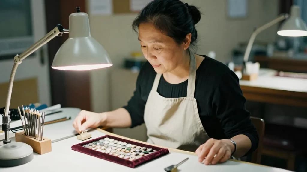 An East Asian woman in her forties with hair pinned up is standing at a jeweller's bench under a bright angled lamp, small tools ranked in a wooden block and…