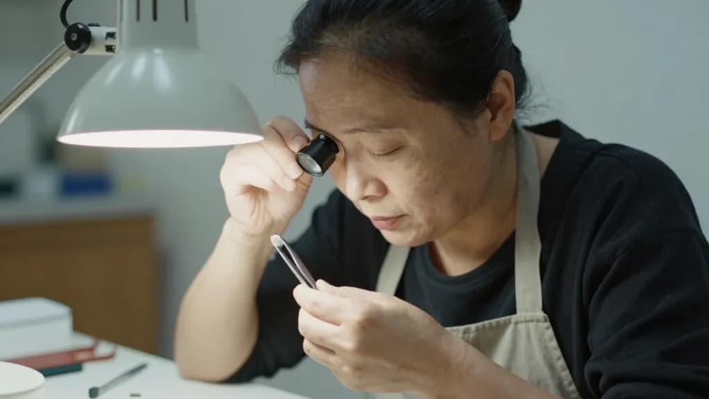 An East Asian woman in her forties with hair pinned up is holding a loupe to her eye examining a stone held in a pair of tweezers, elbows braced on the bench…