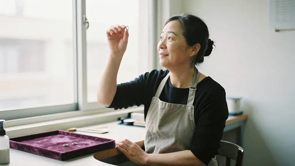 An East Asian woman in her forties with hair pinned up is standing back from the bench holding a finished ring up to daylight from a window, the workshop beh…