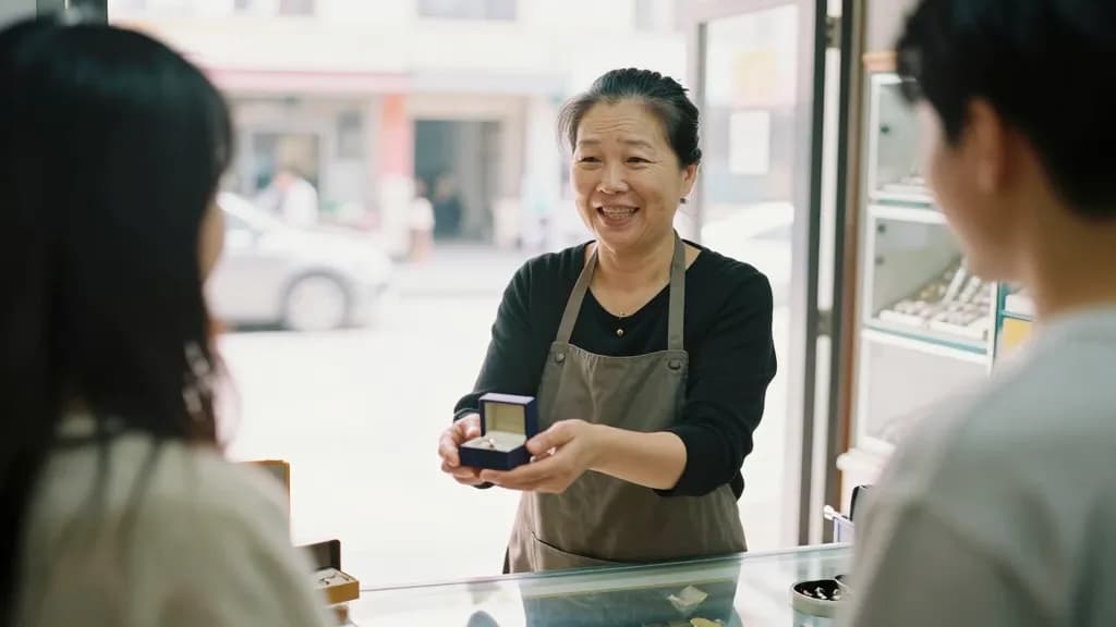 An East Asian woman in her forties with hair pinned up is handing a small closed ring box across the counter to a young couple in the shop front, display cas…