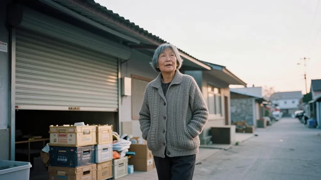An East Asian woman in her sixties with short grey hair is standing outside a small village shop at dawn with the shutter still down, a stacked delivery of c…
