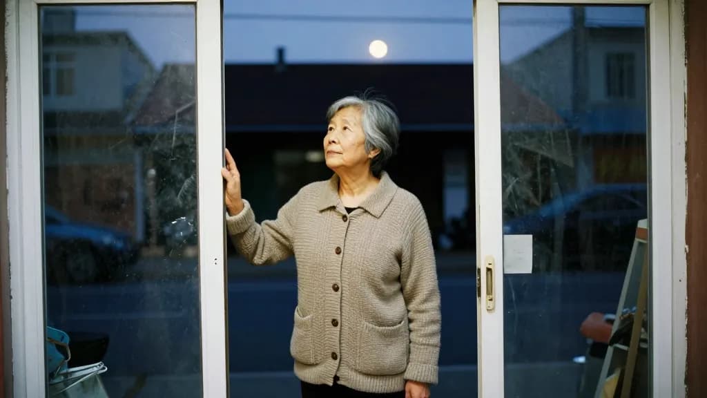An East Asian woman in her sixties with short grey hair is standing in the empty shop doorway looking out at the last of the moon over the rooftops, the shop…