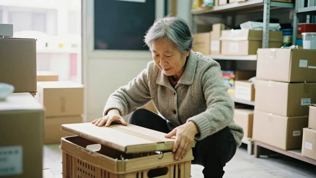 An East Asian woman in her sixties with short grey hair is cutting open a delivery crate on the shop floor with the lights now on, boxes stacked around her a…