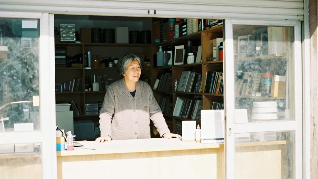 An East Asian woman in her sixties with short grey hair is standing behind the counter as the first customer comes through the door, shelves now stocked and…