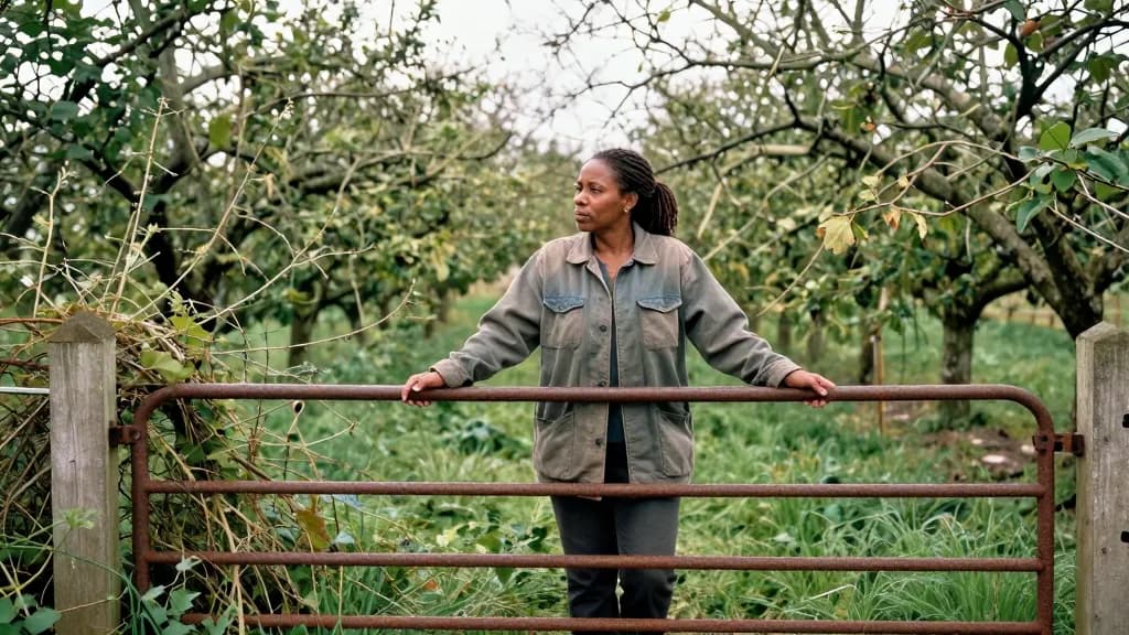 A Black woman in her forties with locs tied back is standing at a rusted gate looking into a badly overgrown family orchard, old fruit trees choked with bram…
