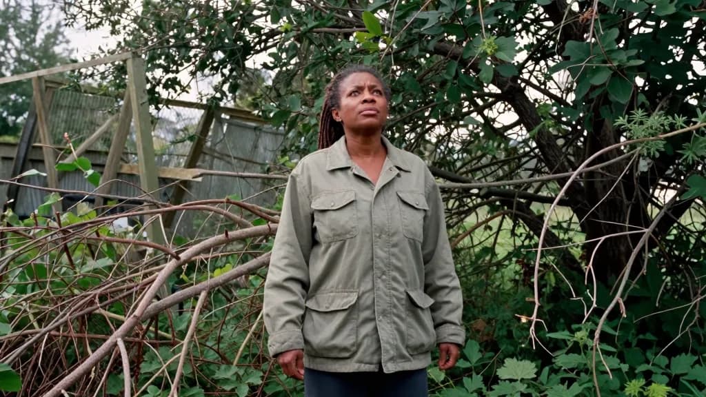 A Black woman in her forties with locs tied back is standing among the overgrown trees with brambles waist high around her, a fallen branch across the path a…