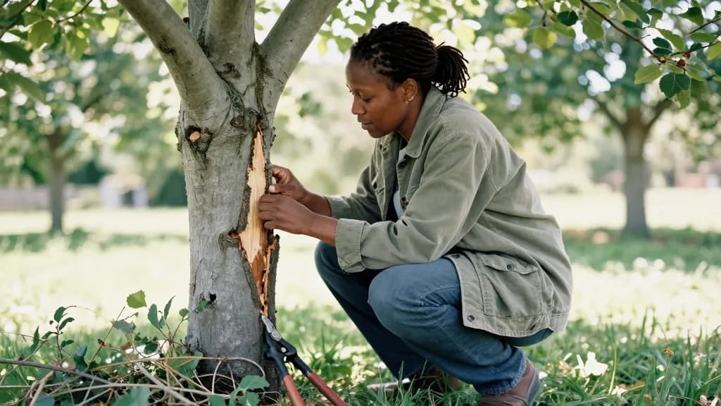 A Black woman in her forties with locs tied back is crouched at the base of an old apple tree examining a split in the trunk, loppers laid on the grass besid…