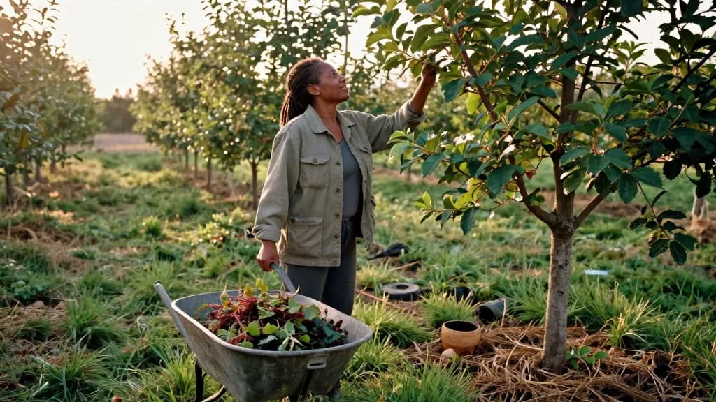 A Black woman in her forties with locs tied back is standing in the half-cleared orchard at golden hour with a barrow of cut brambles beside her and the firs…