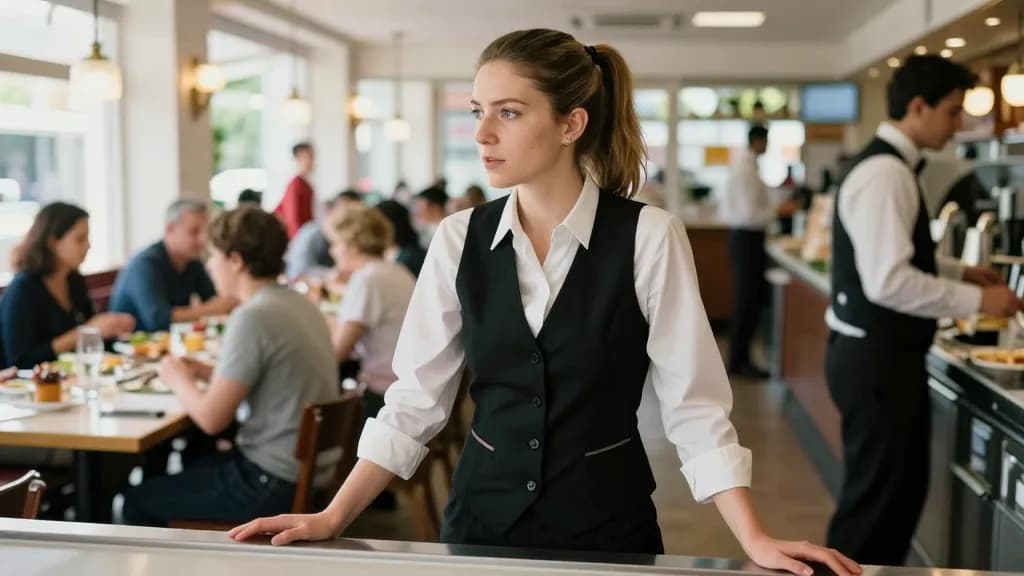 A white woman in her late twenties with hair in a high ponytail is standing at the pass of a busy restaurant floor with the whole dining room in front of her…