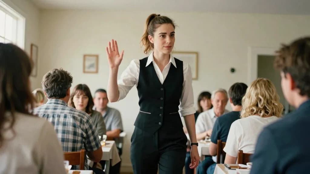 A white woman in her late twenties with hair in a high ponytail is standing at one end of the dining room making eye contact with a colleague at the far end…