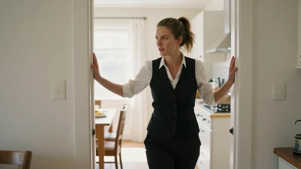 A white woman in her late twenties with hair in a high ponytail is standing in a doorway between the dining room and the kitchen able to see into both, servi…