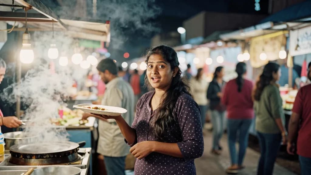A South Asian woman in her thirties with long dark hair worn loose is standing in the middle of a crowded night market street with stalls lit on both sides a…