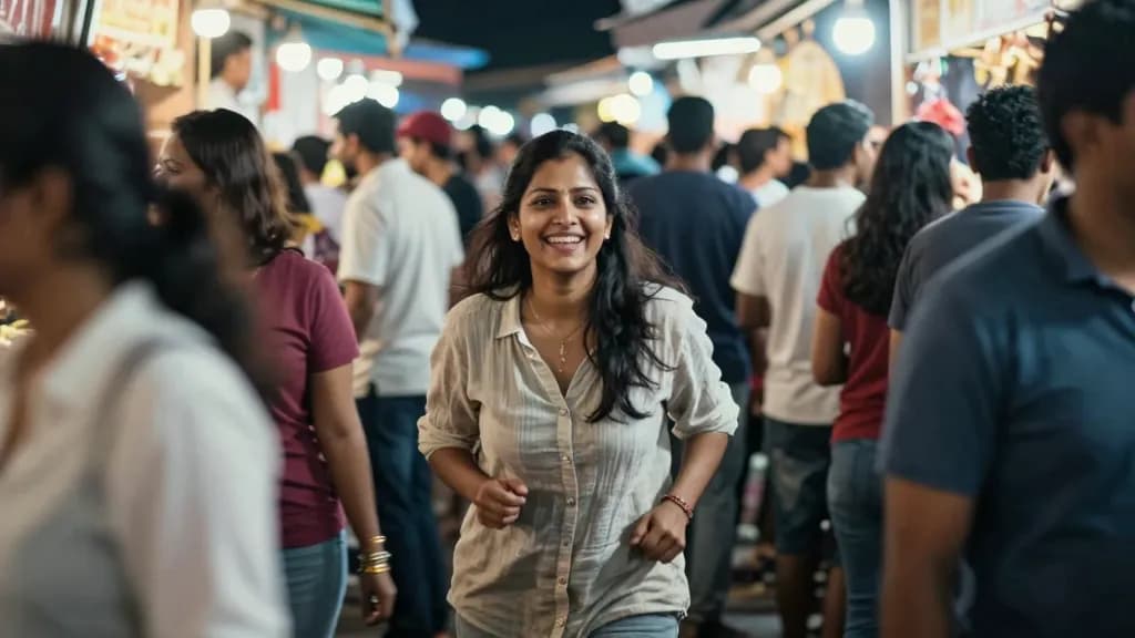 A South Asian woman in her thirties with long dark hair worn loose is pushing through a dense night market crowd toward a stall with a queue, lights and sign…