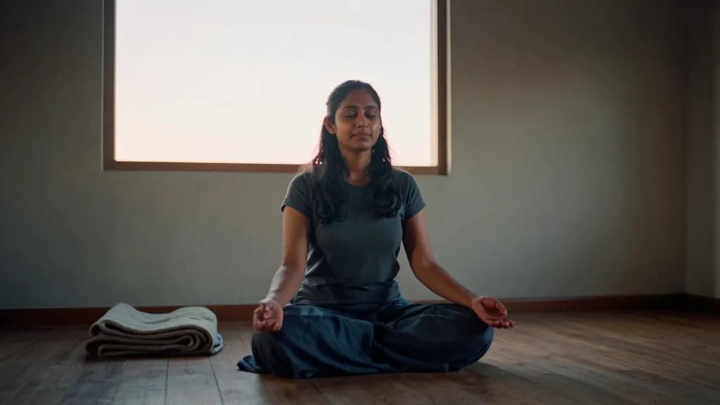A South Asian woman in her thirties with long dark hair worn loose is sitting cross-legged on the wooden floor of a bare retreat room at dawn, a single folde…