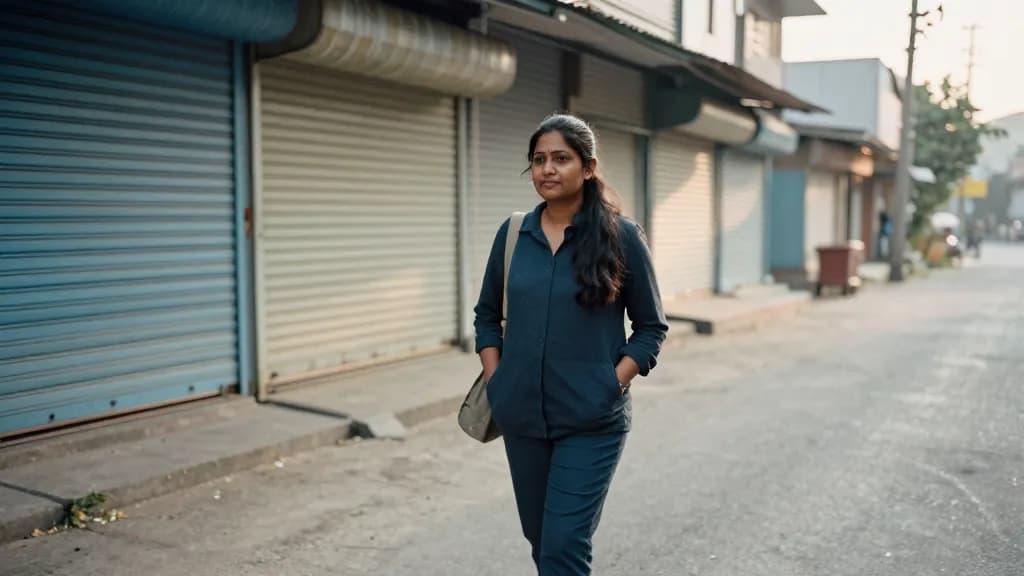 A South Asian woman in her thirties with long dark hair worn loose is walking a quiet street in the early morning with a small bag over one shoulder, shutter…