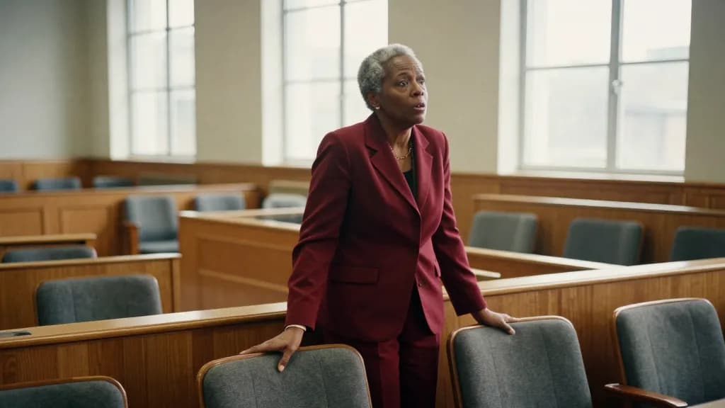 A Black woman in her fifties with grey-flecked hair cut short is standing in a wood-panelled council chamber before a meeting, rows of empty seats curving in…