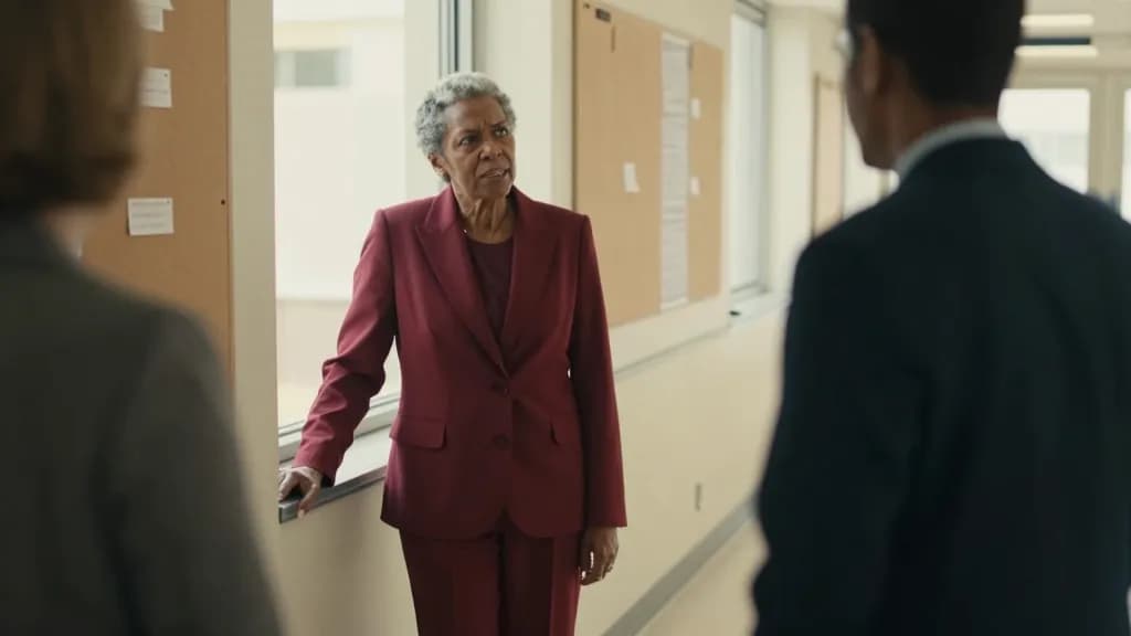 A Black woman in her fifties with grey-flecked hair cut short is standing in a corridor outside the chamber talking with two colleagues, notice boards stripp…