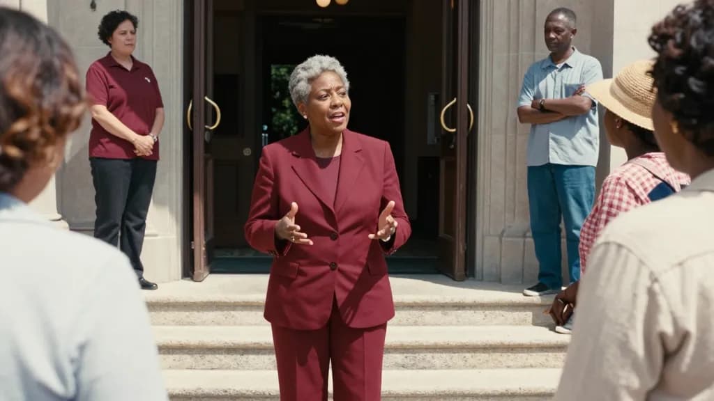 A Black woman in her fifties with grey-flecked hair cut short is standing on the steps outside the civic building talking to a small group of residents, the…